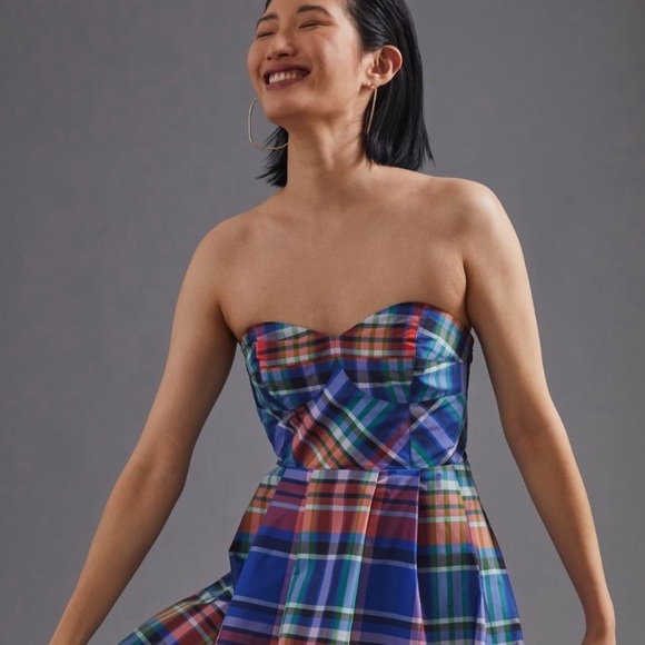 Maeve Anthropologie Plaid Strapless Dress Size 4 - Picture 2 of 14